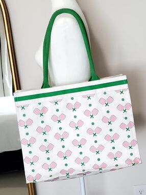 Two's Company Cotton Canvas Pickleball Pink Green Tote Bag